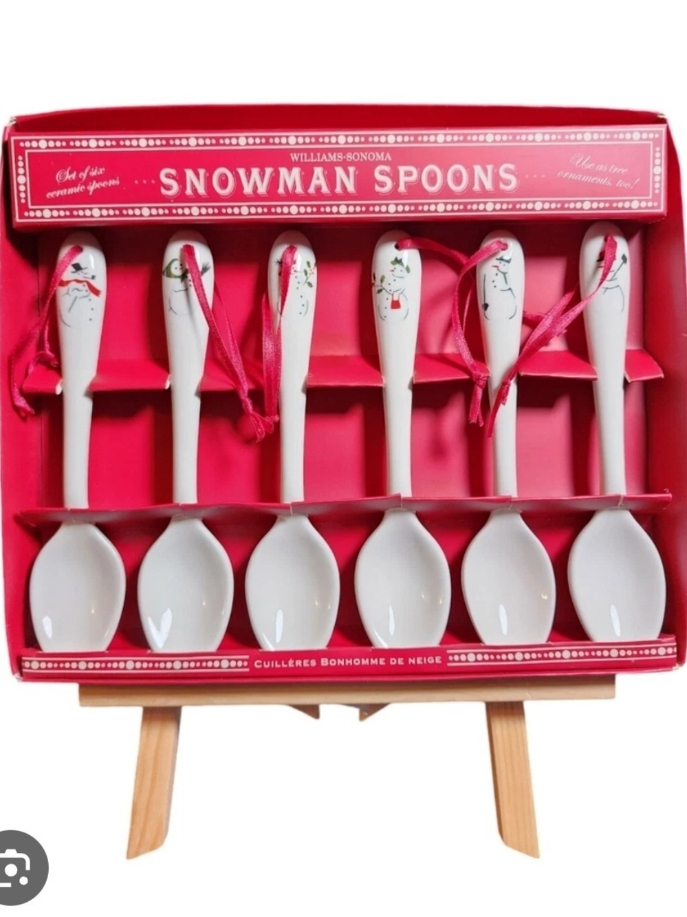 NIP Williams Sonoma White Ceramic Snowman Spoon Set with Red Ribbon